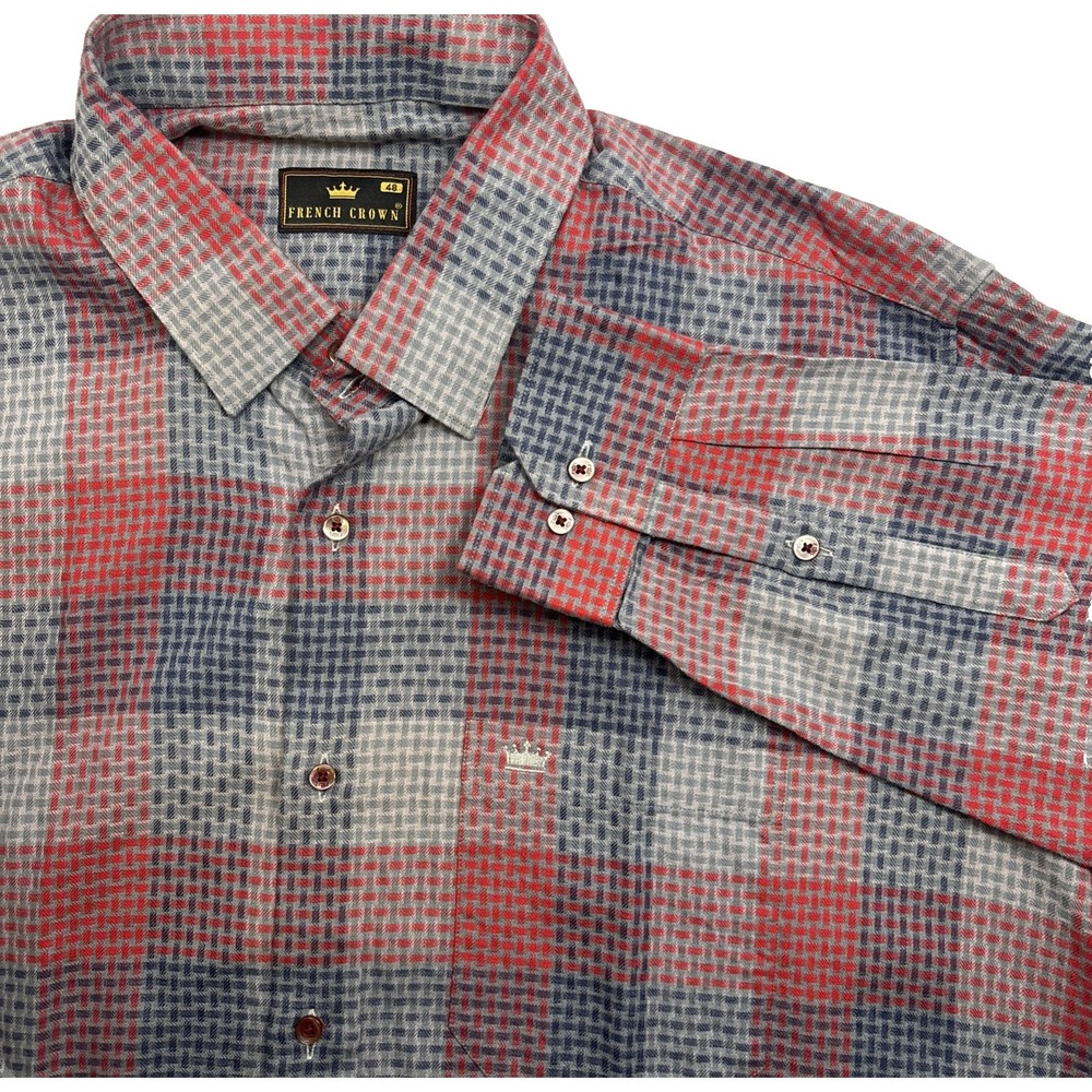 French Crown Long Sleeve Red Blue Plaid Shirt Mens‎ Size 48 XXL